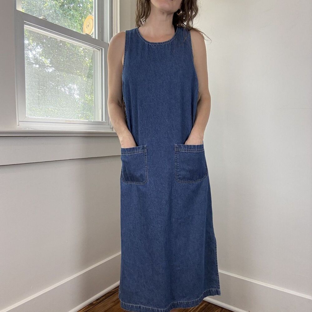 Vintage Y2K Jean Denim Shift Maxi Dress Lace Up 100% Cotton